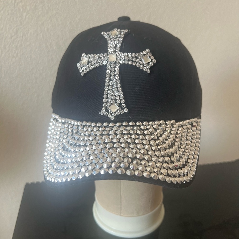 Brand New Black Baseball Cap with Silver Rhinestone & Studded Cross!